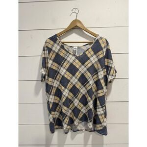 Boutique Plaid Short Sleeve Blouse Blue Yellow White 3XL Women